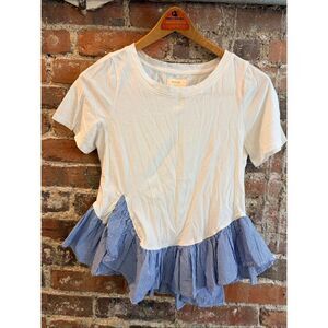 MAEVE | ANTHROPOLOGIE • White/Blue Stripe Trim Peplum Shot Sleeve TShirt • Ladie